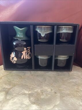 Vintage Porcelain Sake Set with Jade and Brown Glaze 4 cups and Pitcher